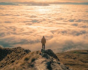 person looking out from cliff to show how mergers & acquisitions advisory helps businesses explore company information during due diligence